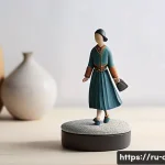 피규어 무게 중심 안정화 방법 - A detailed scene of a carefully balanced collectible figurine standing on a wide, anti-slip base wit...