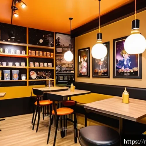 캐릭터 피규어 카페 리뷰 - A cozy anime-themed caf&eacute; interior in central Moscow, vibrant walls covered with colorful posters of ...