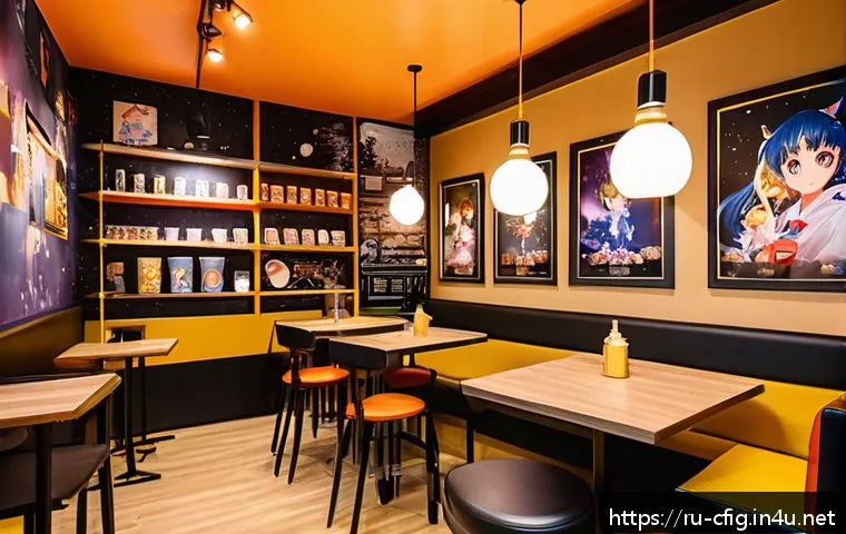 캐릭터 피규어 카페 리뷰 - A cozy anime-themed café interior in central Moscow, vibrant walls covered with colorful posters of ...